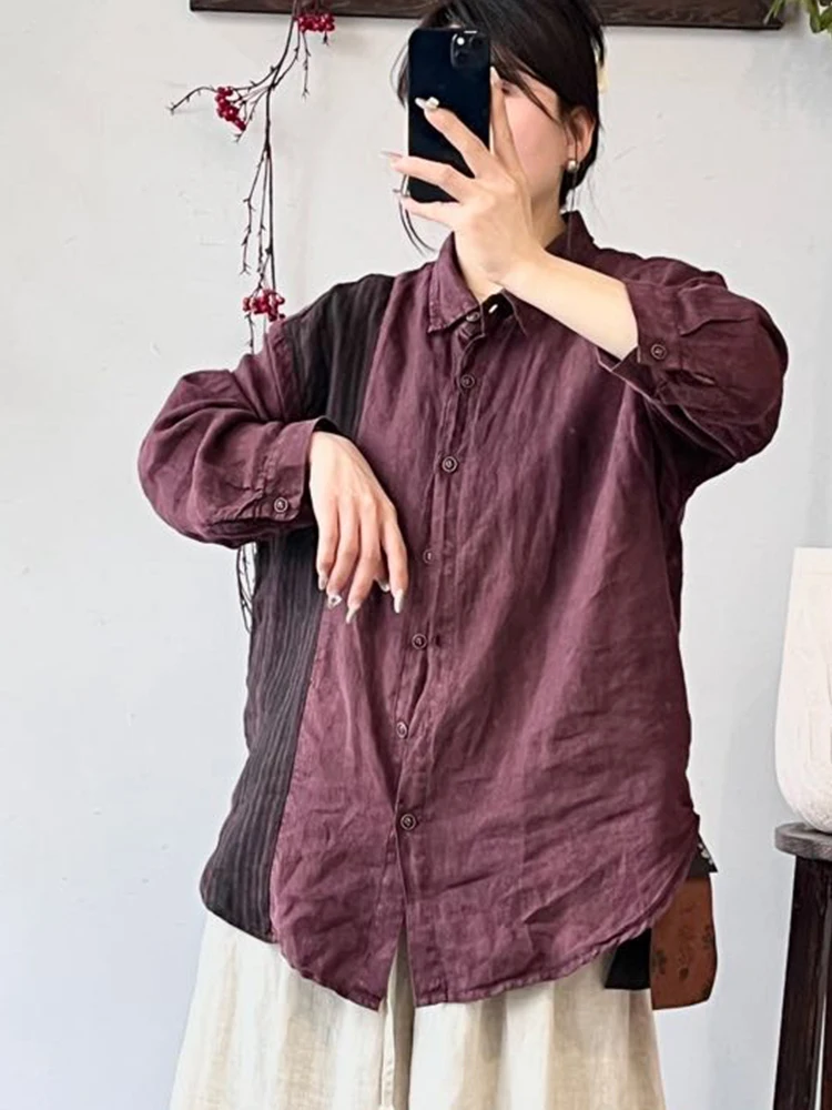 Amax LuluEブランド 2025年秋 レディース カジュアル ヴィンテージ 大きめ パッチワーク シャツ 女性 クラシック ルーズ ブラウス ファッション 高級服