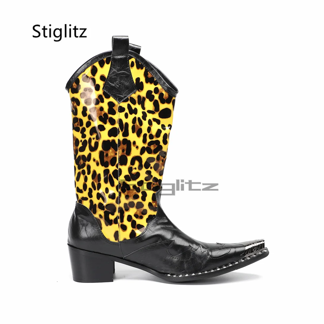الرجال ليوبارد طباعة أحذية ركوب الخيل التطريز الطوطم جلد طبيعي عالية الكعب الأحذية الغربية Patckwork المعادن تو منتصف العجل الأحذية