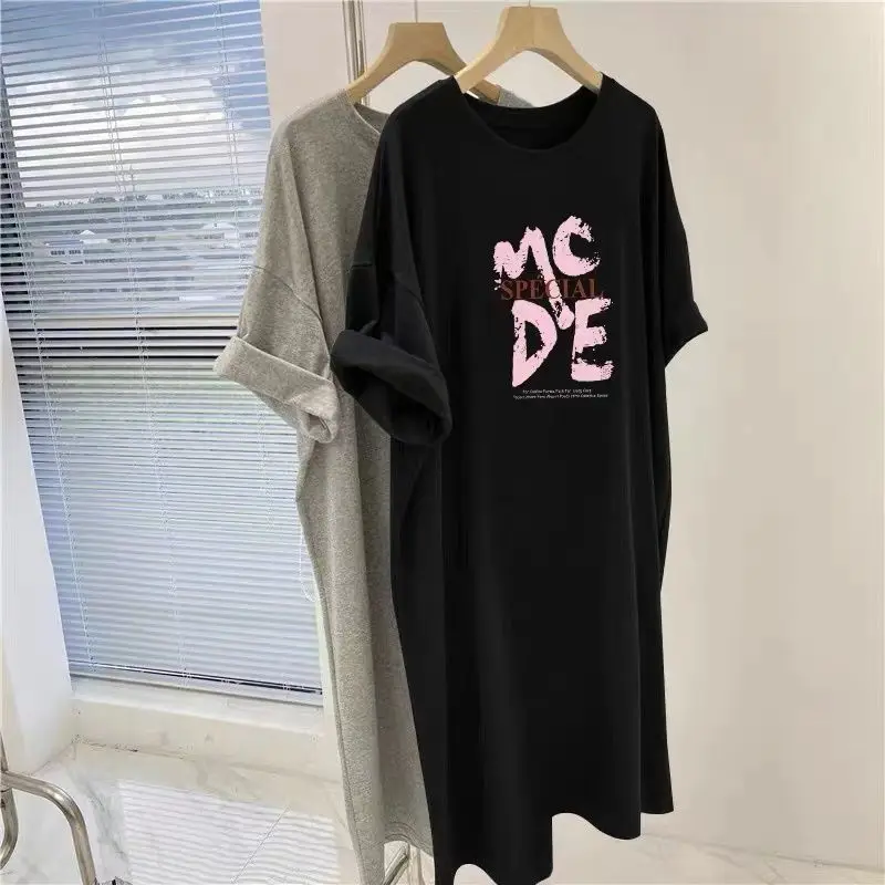 Summer New Print Letter Mid Length T Shirt Tops Short Sleeve Solid O-neck Loose Plus Size Pullovers Casual Fashion Women Clothes