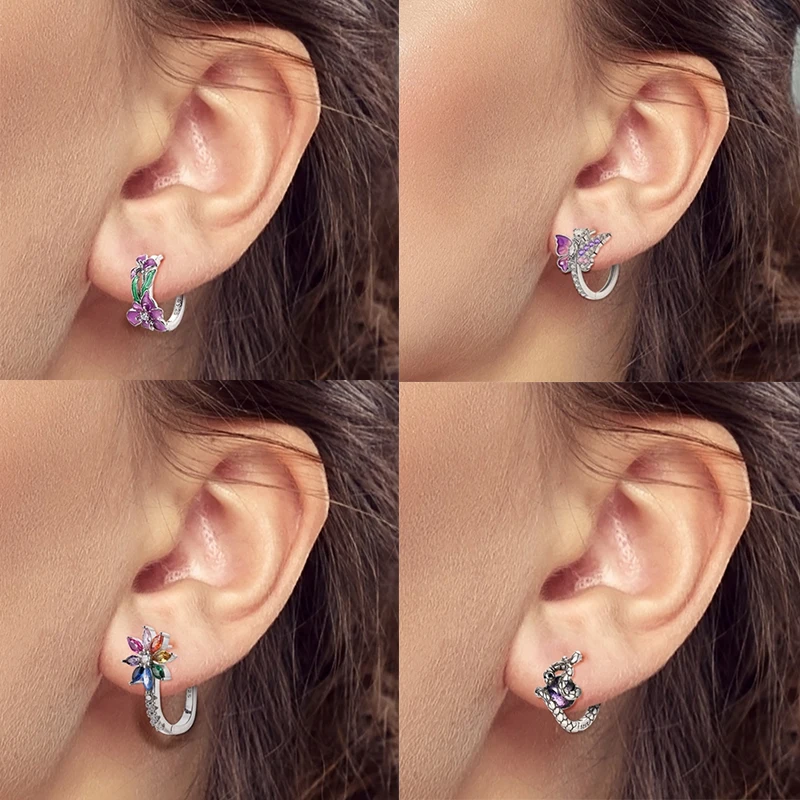 925 Sterling Silber Creolen Schmetterling Regenbogen Blume Tulpe Iris Lila Hängeohrringe Schmuck Geschenk für Frauen Mädchen – Detail 6