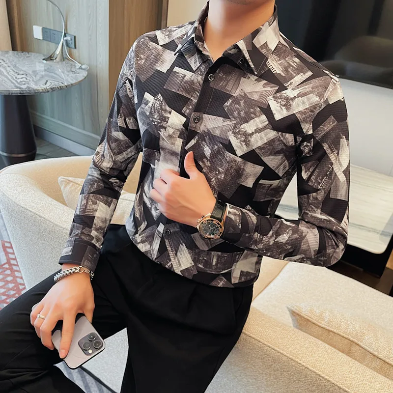 

Luxury Print Shirts For Men High Quality Korean Casual Clothing Long Sleeve Men's Shirt Formal Dress Slim Fit Casual Tuxedo 4XL