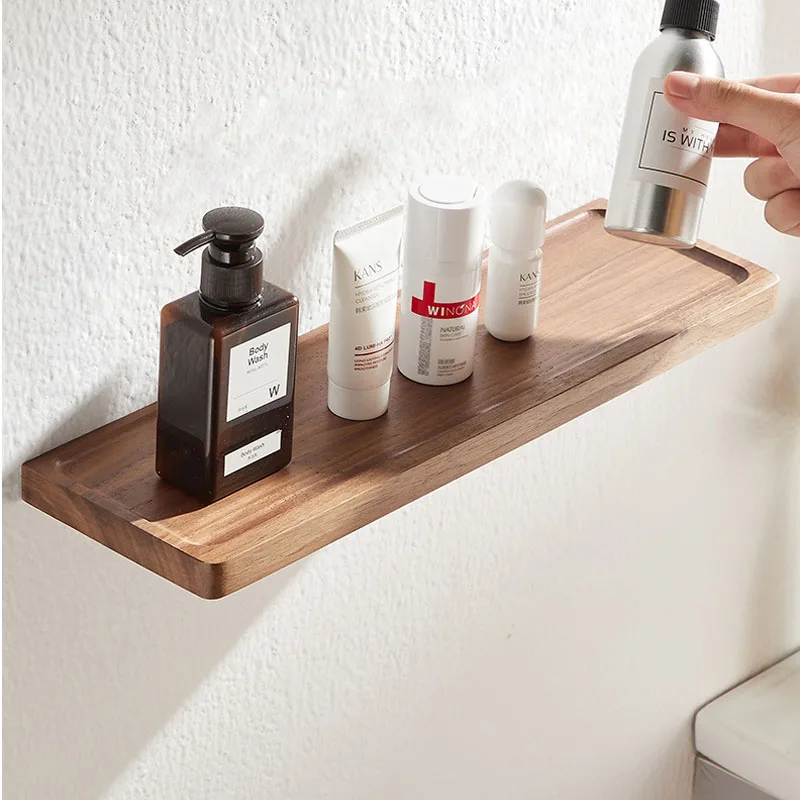 Walnut hole-free storage rack, wall-mounted storage rack in front of mirror, bathroom wood storage rack