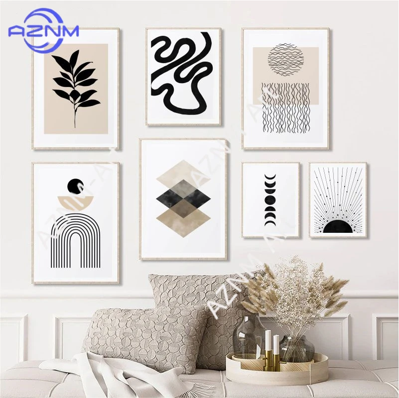Black Beige Abstract Artwork Mid Century Poster Modern Wall Art Neutral Gallery Geometric Canvas Painting Room Mural Home Decor