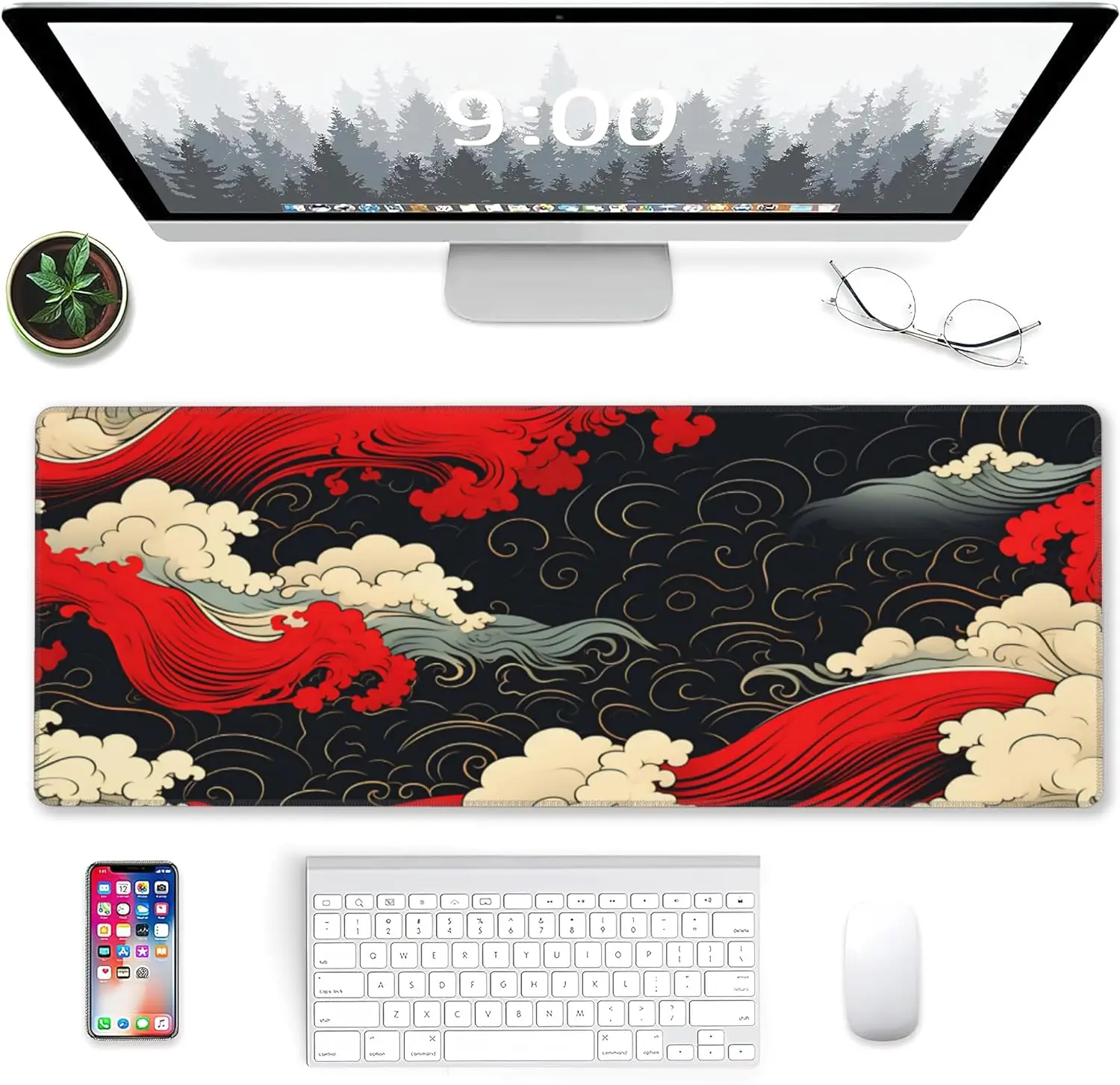 Japanese Sea Waves Funny Extended Gaming Mouse Pad with Non-Slip Base and Stitched Edge for Home Office Work 31.5