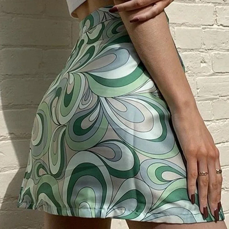 Vintage Swirl Print Mini Skirt Wrap A Line Skirt Button High Waist Retro Casual Bottom