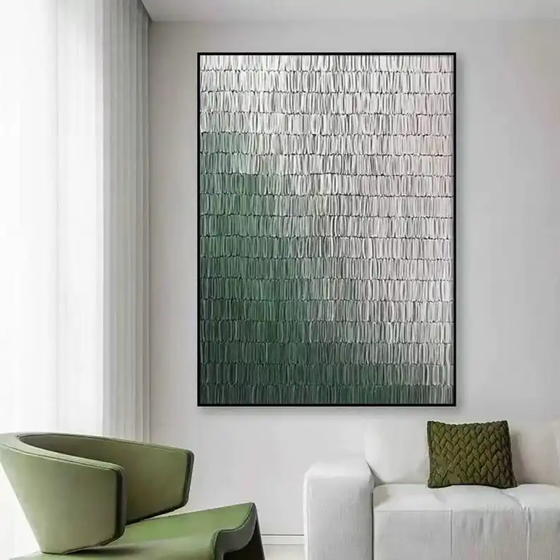 Green and White Minimalist Wall Art Large Green 3D Texture Painting Green and White Abstract Painting Modern Plaster Wall Art