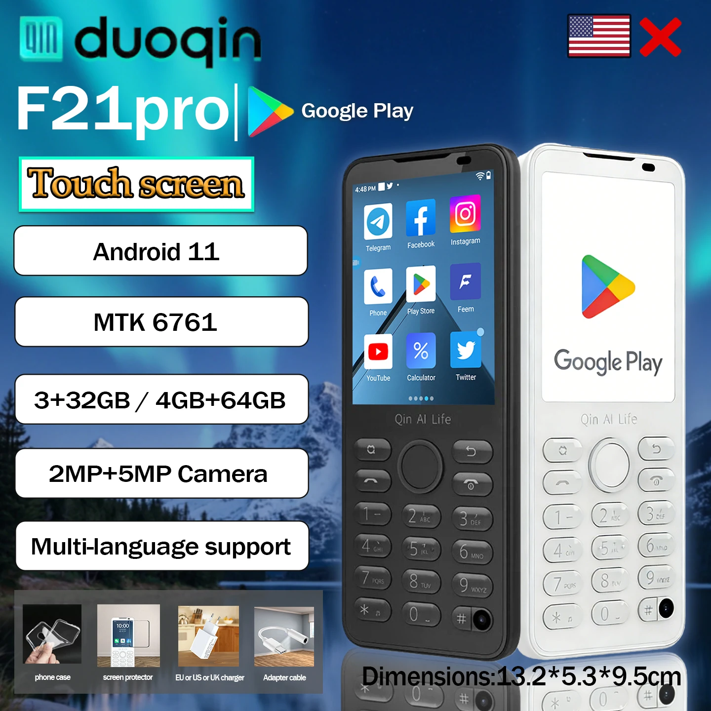 Qin F21 Pro 2.8 inches Touch screen MTK6761 3+32GB 4+64GB 2MP+5MP Camera Android 11 Google Store 2120mAh Give charger and Adapte