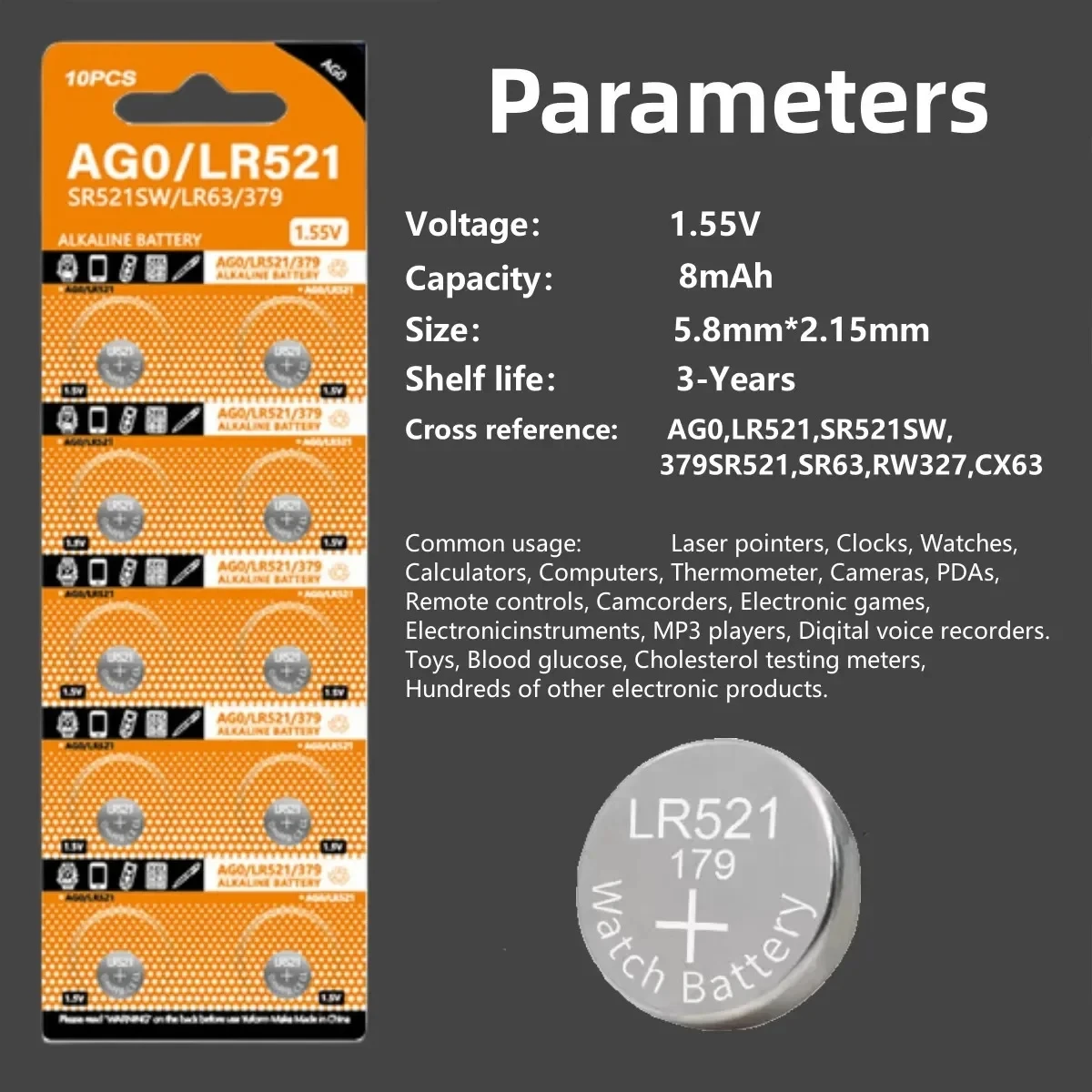 2-50 SZTUK AG0 379 SR63 LR69 LR521 379A Baterie guzikowe do zegarków Zabawki Pilot SR521SW D379 Bateria alkaliczna 1.55V