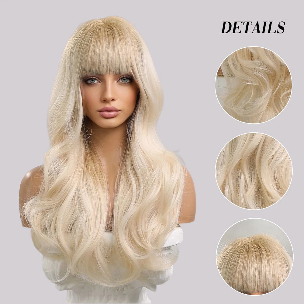 oneNonly Synthetic Wigs for Women Blonde Wig with Bangs Long Wave Natural Wig Hair Heat Resistant Fiber