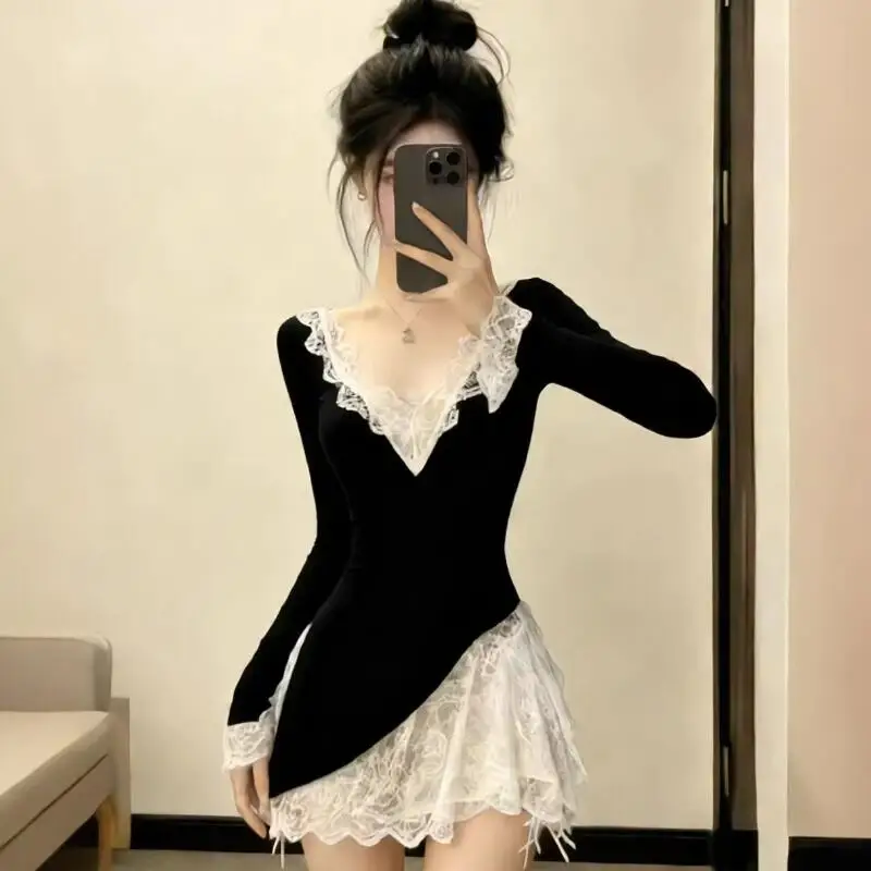 Spring Summer New Women Clothing Patchwork Lace Vneck Long Sleeved Dress High-End Feel Pure Desire for Style Waist Lengthtshirt