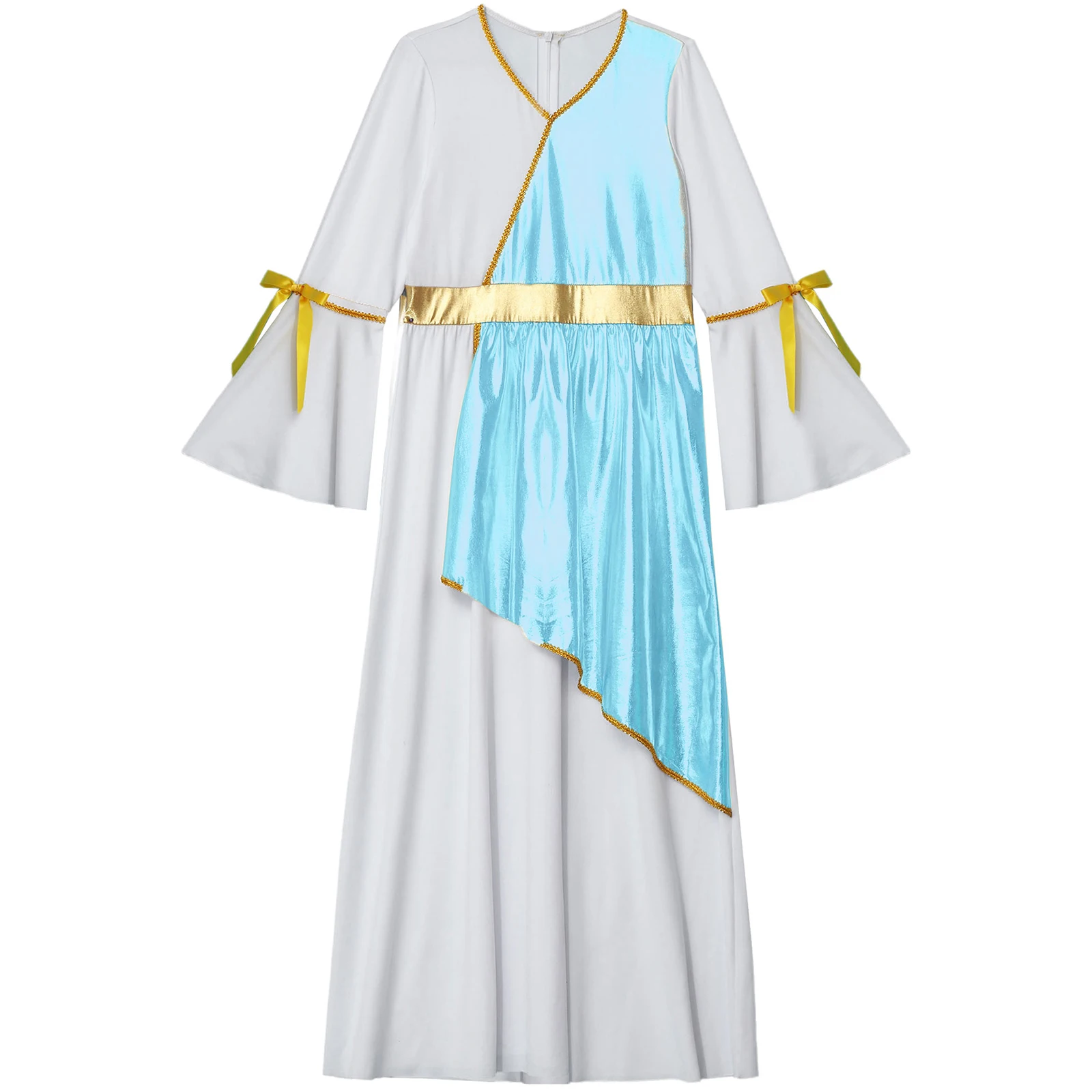 Kids Girl Halloween Ancient Greek Goddesses Princess Cosplay Costume Long Sleeve Gold Trim Roman Toga Church Choir Worship Dress