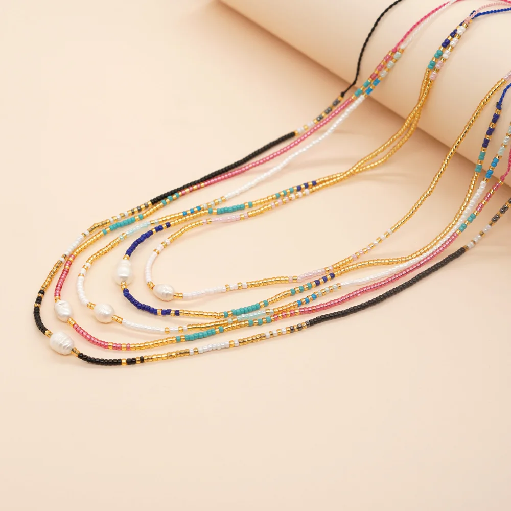 Bohemian Luxury Gold Plated Choker Women Freshwater Pearl Charm Handmade Rainbow Colorful Fashion Jewelry Miyuki Bead Necklace