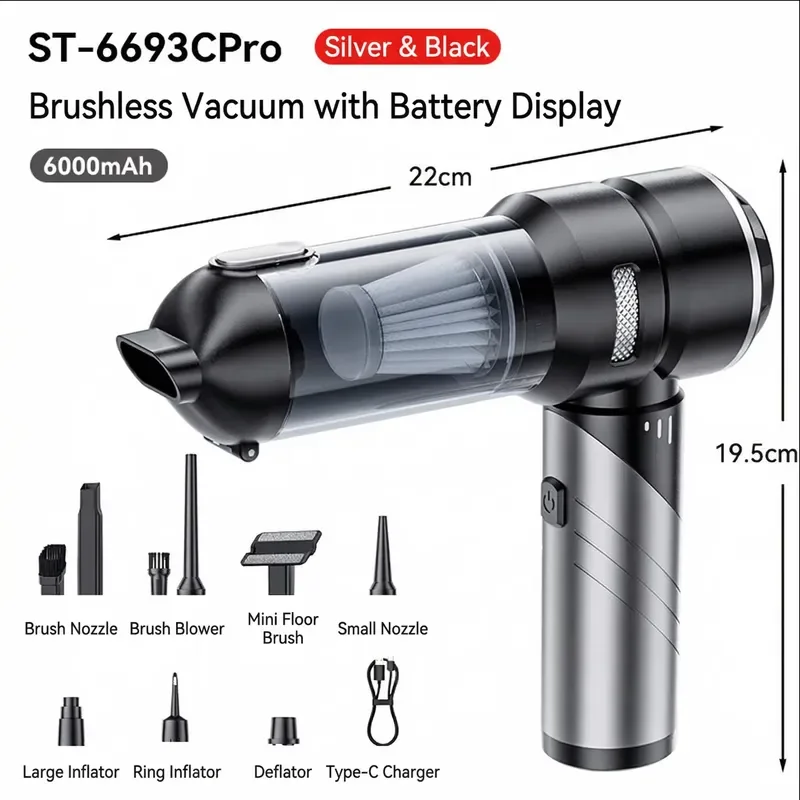 16000Pa Portable Cordless Car Vacuum Cleaner Brushless Motor 3-Speed 6000mAh Handheld Mini Cordless Car Vacuum with USB