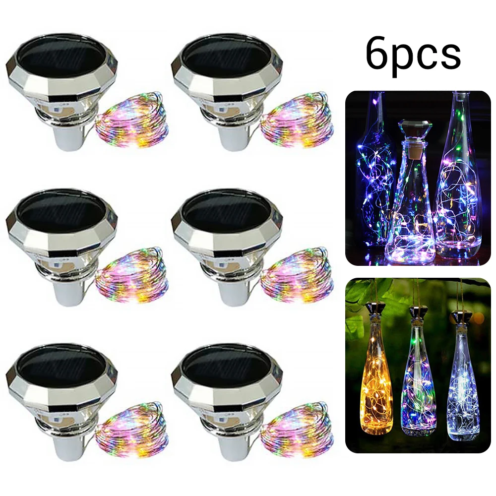 D2 6PCS 20 LED Copper Wire Fairy Garland String Lights Solar Diamond Shaped Wine Bottle Light IP65 Waterproof Cork Light Garden