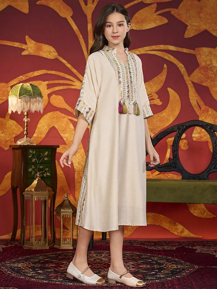 Ragazze Dubai Abaya Ramadan Musulmano Bambini Abito lungo Ricamo Abiti da festa Eid Djellaba Marocco Caftano Turchia Robe Islam Jalabiya