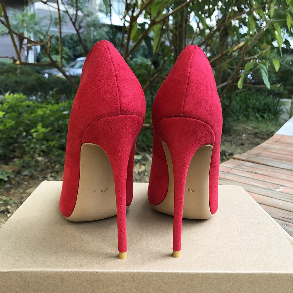 Tikicup Solid Red Flock Women Sexy Elegant 12cm Stilettos V Cut High Heels Pointed Toe Celebrity For Pumps Dress Curl Cut Shoes