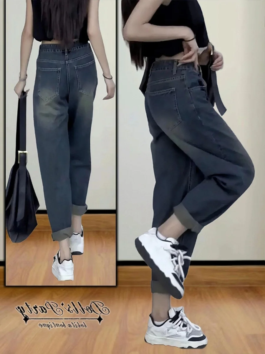 กางเกงยีนส์เอวสูงทรงฮาร์แลนสำหรับผู้หญิง ไซส์พลัส ทรงลูกแพร์ ไซส์เล็ก ไซส์ใหญ่พิเศษ ทรงแด๊ดแพนท์ ผ้าฝ้ายยืด ทรงทันสมัย