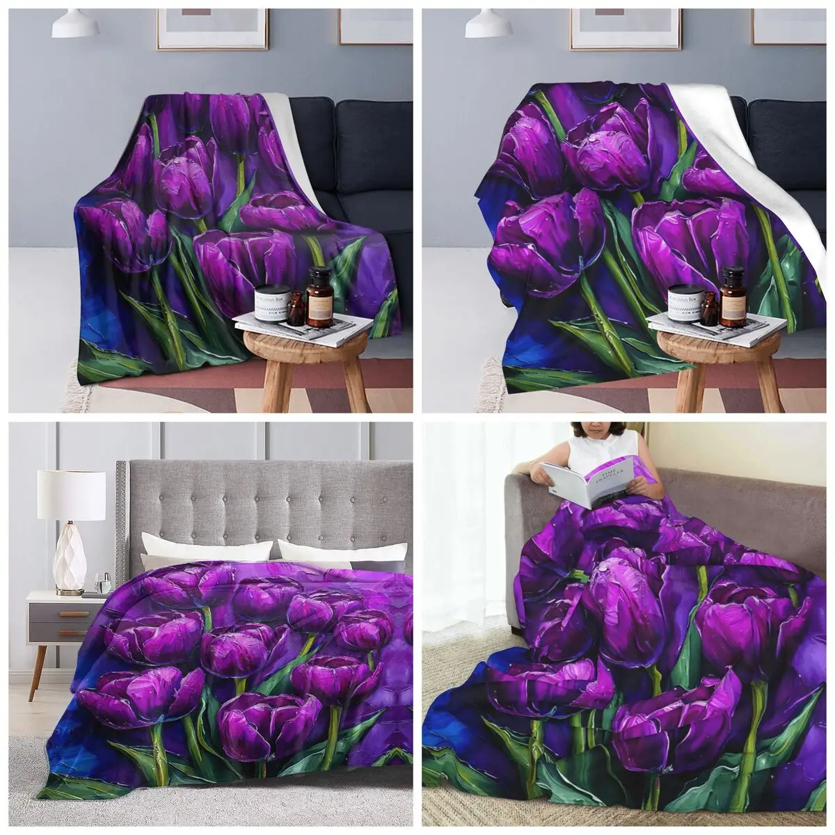 Purple Tulip Oil Painting Print Blankets Soft Warm Flannel Throw Blanket Cover for Bed Travel Home Sofa