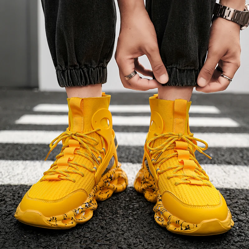 High Top Yellow Sneakers for Men Trend Knit Men Casual Sneakers Breathable Comfortable Sock Sneakers Men Blade Shoes Big Size 46