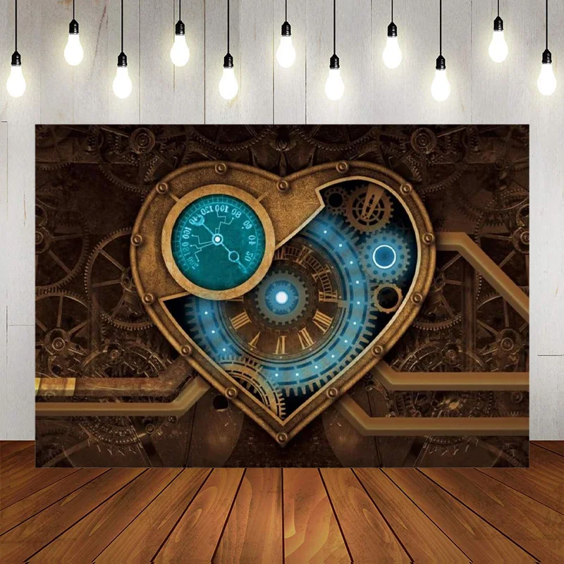 

Time Machine Photography Background Heart Shaped Watch Meter Clock Futuristic Backdrop Party Banner Retro Artistic Banner Props