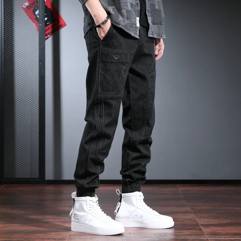 Men's Black Cargo Pants Jeans Fashion Baggy Harem Pants Autumn Winter Streetwear Casual Elastic Waist Denim Trousers CP2090