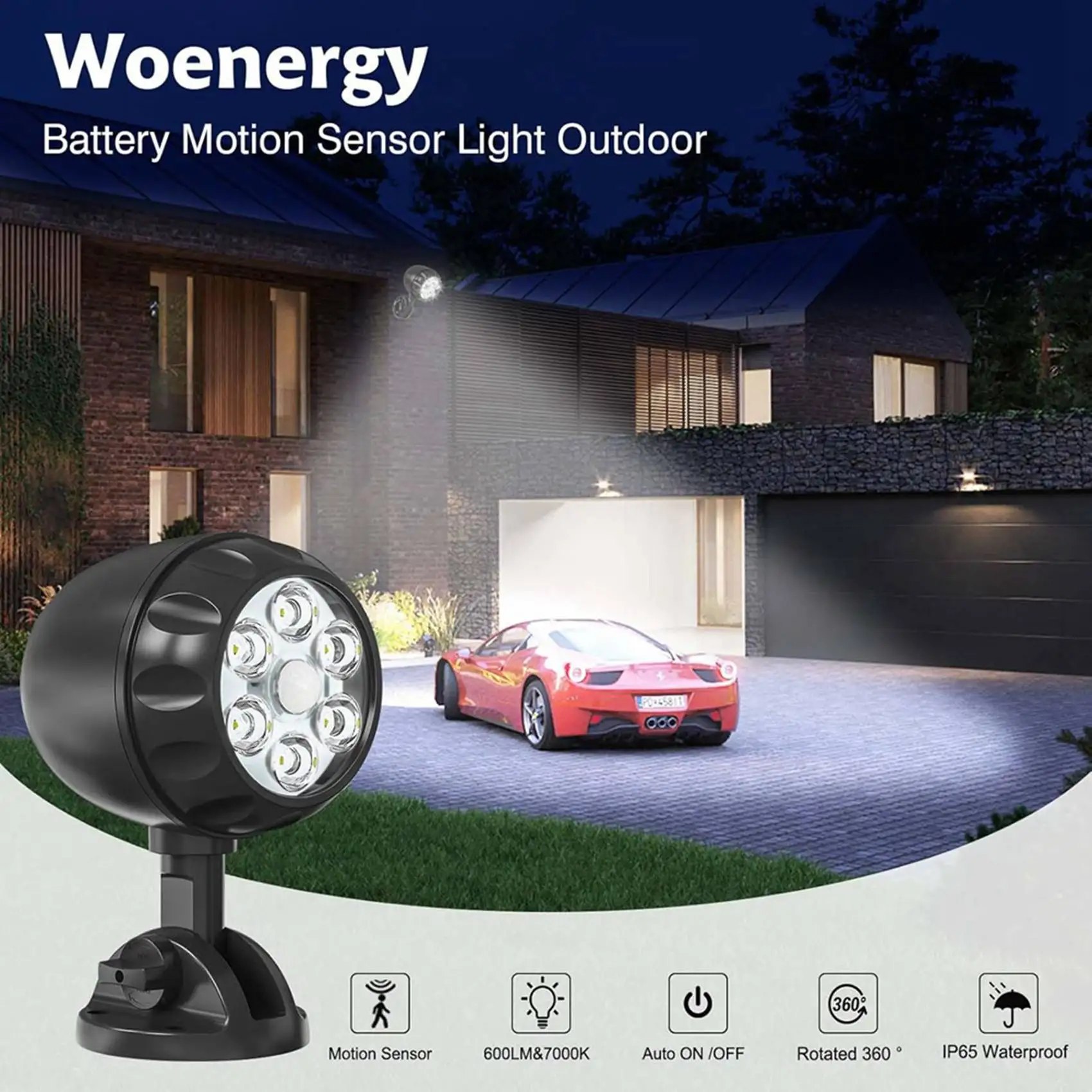 AS94-Battery Motion Sensor Light Outdoor Battery Operated Motion Lights Outdoor 6 Leds - 6000K Auto On Off 4Pack