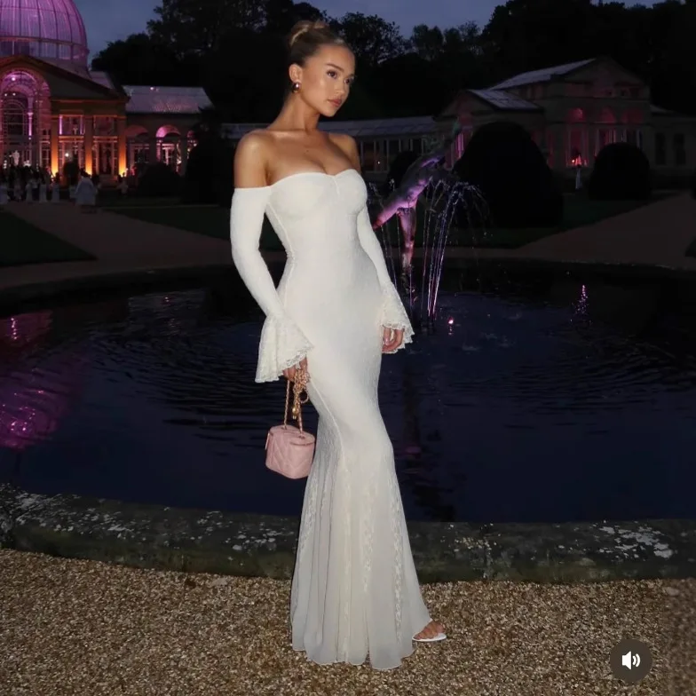 Faionable Sexy hors épaule dentelle garniture Dr avec cloche Sves et jupe sur mesure taille haute longue Sve femme Dr