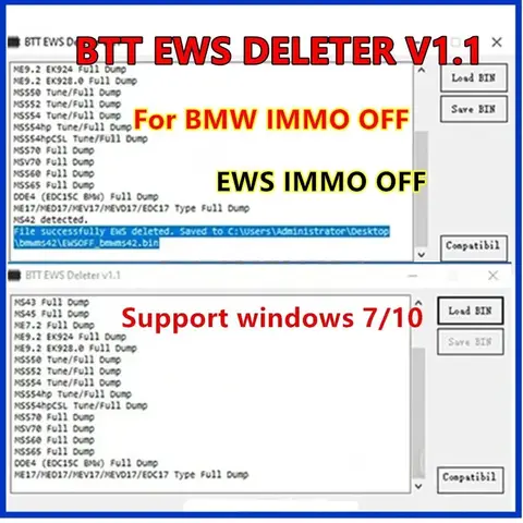 BTT EWS DELETER V1.1 for BMW IMMO OFF Support MS41 MS42 MS43 MS45 ME7.2 ME9.2 MSS54 ME17/MED17/MEV17/MEVD17/EDC17  ECU Dump File