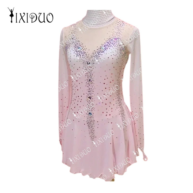 Competition Figure Ice Skating Dress Outfits Crystal Rhinestones Long Sleeve Mesh Spandex Women Girls Child Dancewear Costume