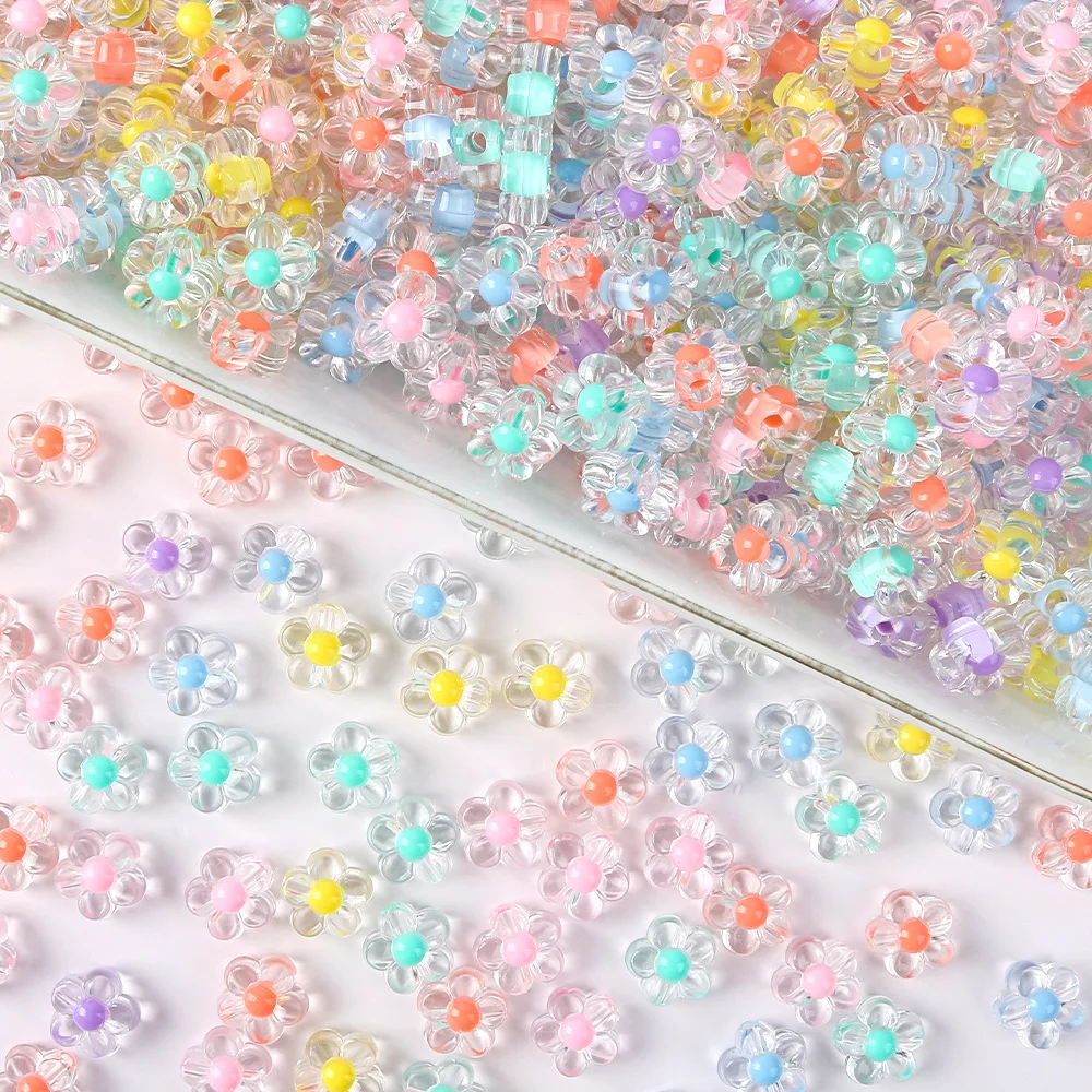 100 pcs/lot Transparent flower beads acrylic straight hole beads diy bracelet hair rope cell phone chain beading accessories