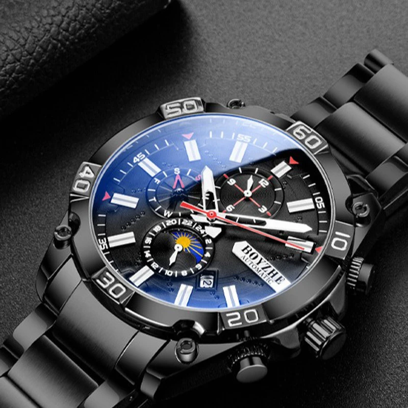 Watches Mens BOYZHE Top Brand Luxury Mechanical Watch for Men Stainless Steel Sport Waterproof Moon Phase Automatic Wristwatch