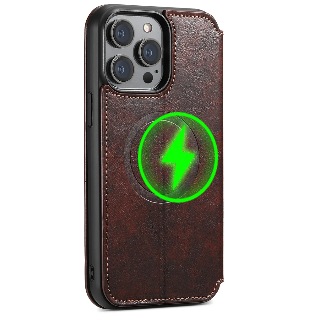 SUTENI Magsafe Lederen Telefoon Case Voor iPhone 12 13 14 15 16 17 Pro Max Plus Flip Cover Portemonnee voor Mannen Kaarthouder