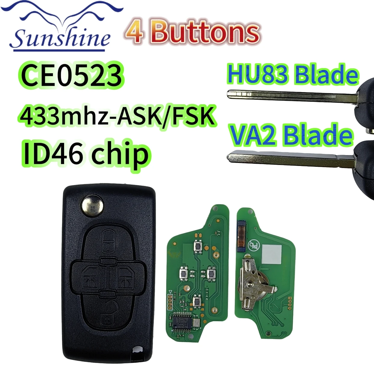 

Солнцезащитный брелок для Peugeot 1007 VA2/HU82 Blade CE0523 ASK/FSK 433 МГц 4 кнопки флип Floding дистанционный ключ