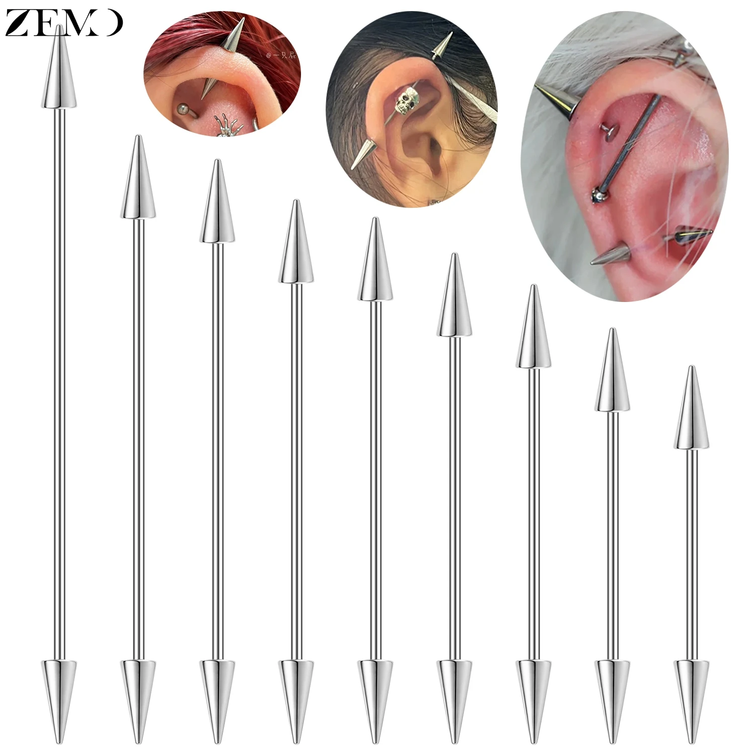 ZEMO 16G 1 PC Spike Stainless Steel Long Industrial Piercing Men Women 24MM-60MM Stud Earrings Taper Ear Helix Cartilage Jewelry