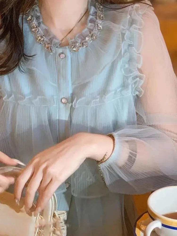 Doce babados camisas femininas 2025 camisas de mujer manga longa blusas soltas vintage único breasted plissado chique blusa coreana