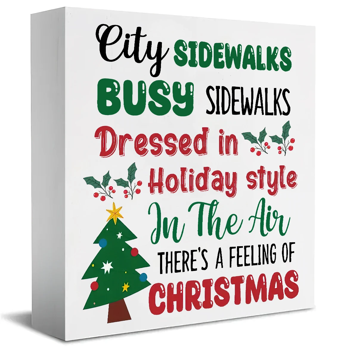 قطعة واحدة من زخرفة سطح المكتب لعيد الميلاد الاحتفالي - "أرصفة المدينة مشغولة بنمط العطلة" خشب، أحمر وأخضر مع لهجات هولي