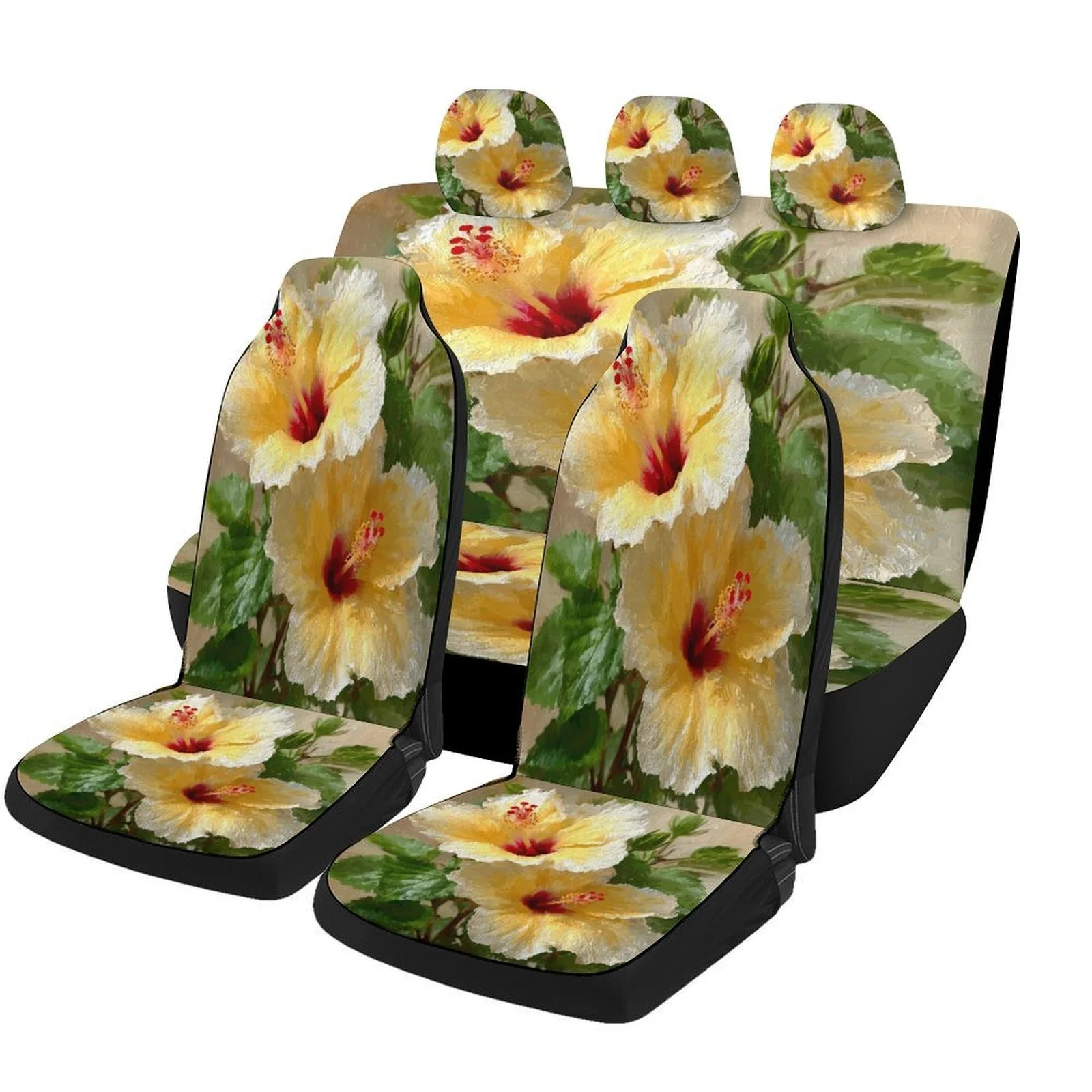 

Hibiscus Flower Car Seat Cover Set - Vibrant Yellow & Pink Floral Design, Durable Polyester, Full Coverage For 2 Front & Rear Se