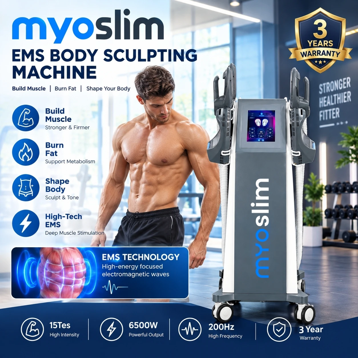MYOslim 6500W EMS Body Sculpting Machine 200HZ Muscle Stimulation for Muscle Development Fat Burning And Weight Loss