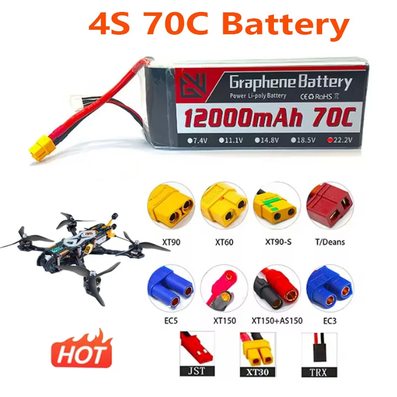 4S 70C Lithium Battery 14.8V 12000mAh with XT60 XT90 TRX T Multiple Plugs To Choose From for FPV Drones and Remote Control Cars