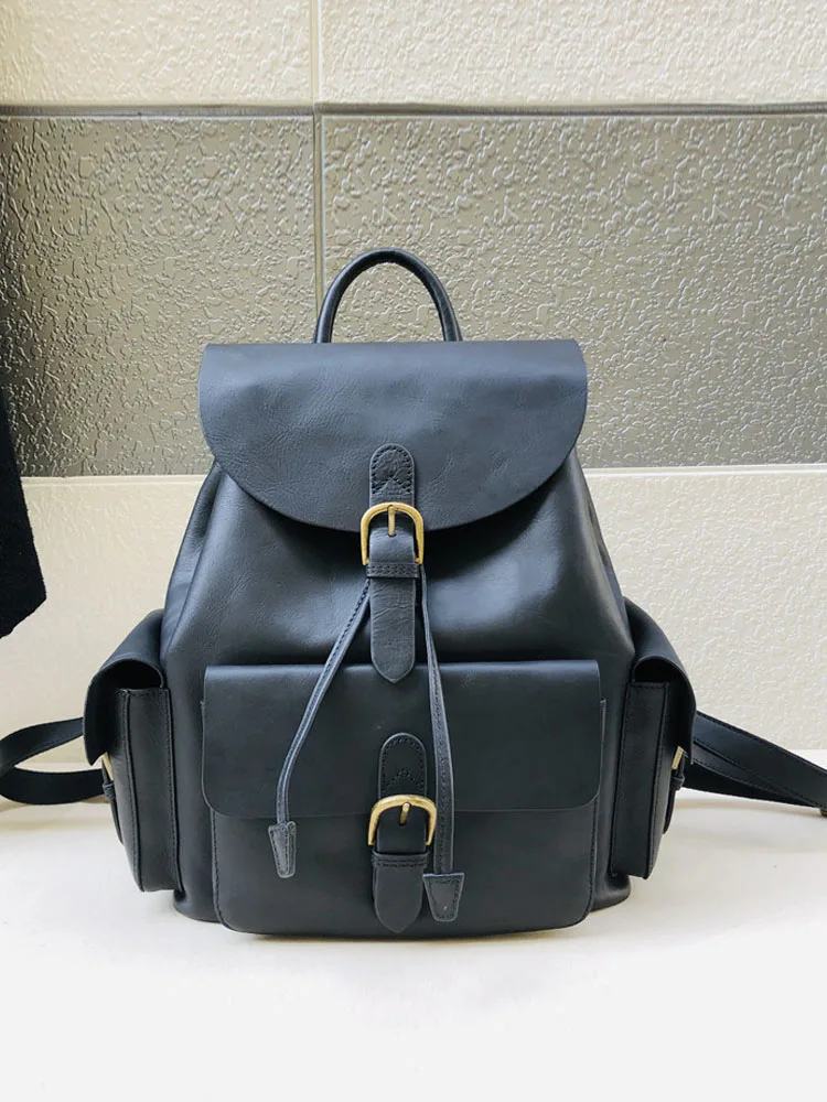 في سن المراهقة الفتيات جلد البقر جلد طبيعي حقيبة مدرسية المرأة نمط Preppy Backpack حقيبة الظهر سعة كبيرة عادية مزدوجة الأشرطة حقيبة السفر