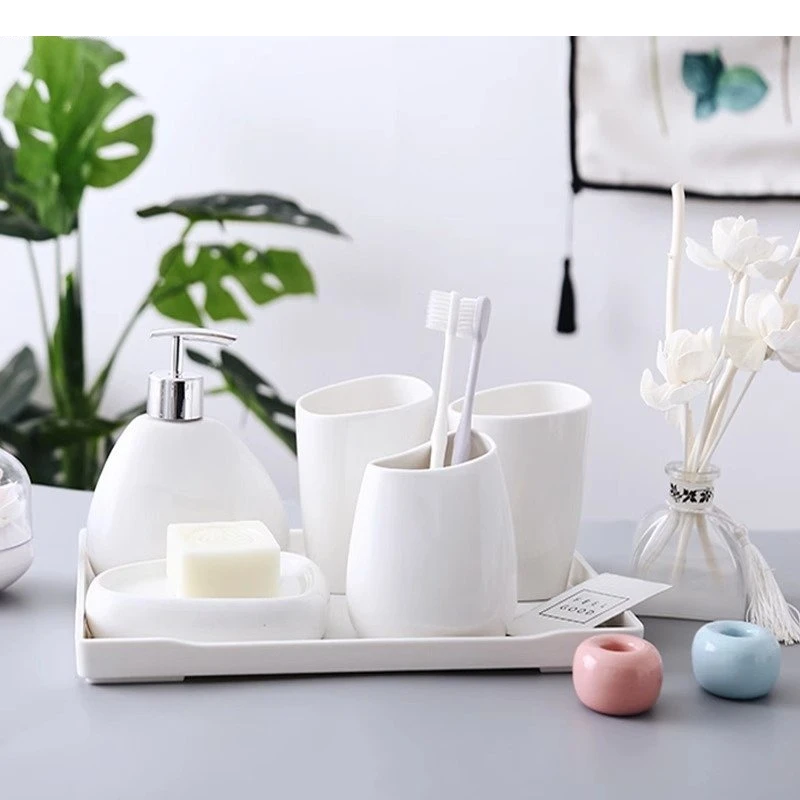 Ceramic Bathroom Accessories Set Soap Dispenser Toothbrush Holder Cup Box Tray Toilet Brush Supplies