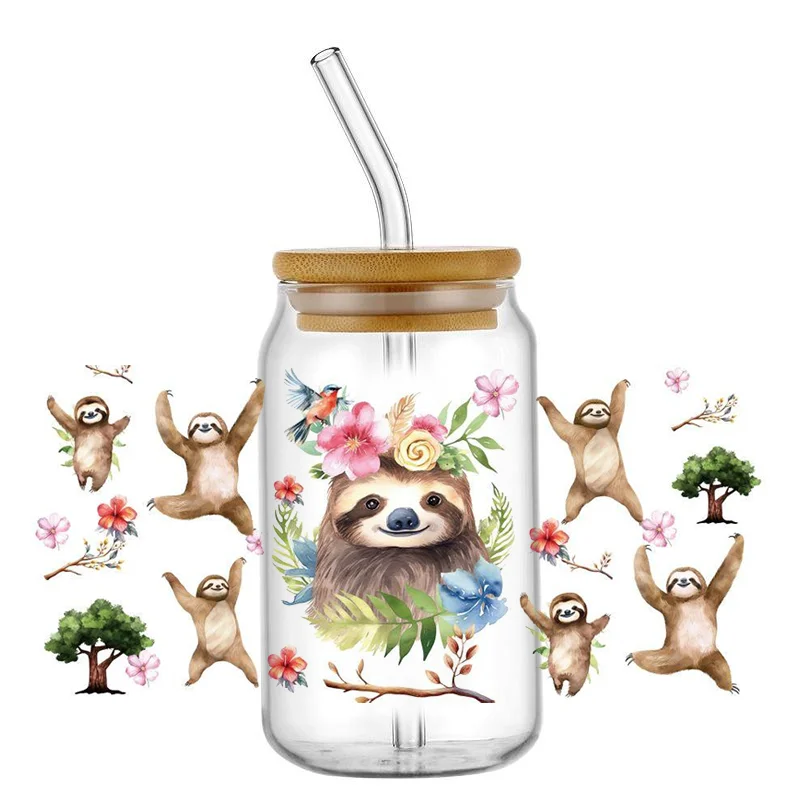 MINISO 3D Bradypode Series Decal 16oz Libbey UV DTF Cup Wrap DIY Mug Waterproof Sloth Transfer Sticker