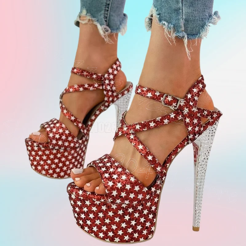 

Red Star Print Rivets Heel Platform Sandals Buckle Strap Women Shoes Thin High Heels Open Toe New Party 2026 Zapatos Para Mujere