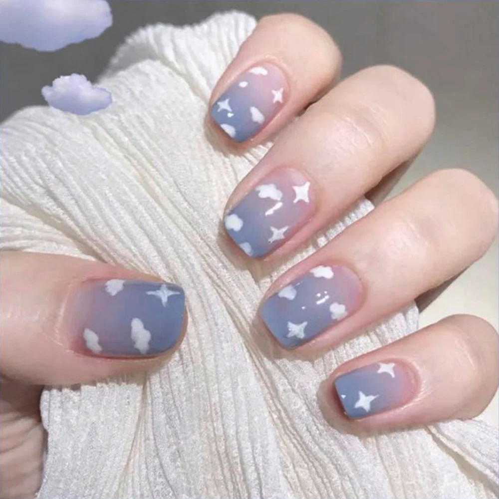 Uñas postizas de cabeza cuadrada corta con patrón de nubes y estrellas, herramientas de manicura, 24 unids/lote por caja