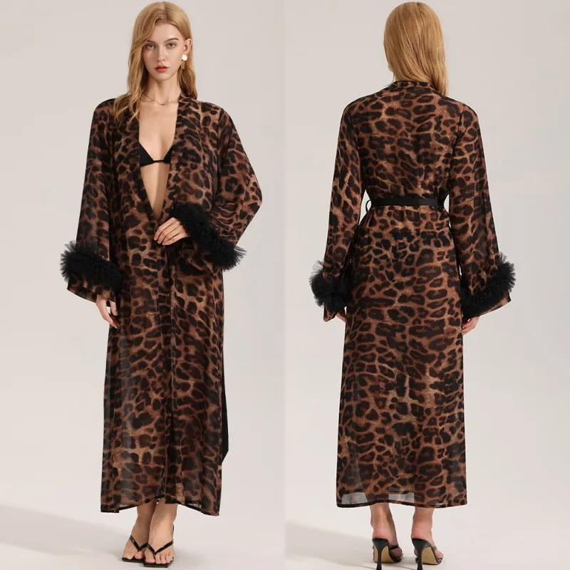 

Fashion Leopard Print Women's Long Robes Home Clothes Sexy Bathrobes Formal DressesWomen's Pajamas Underwear