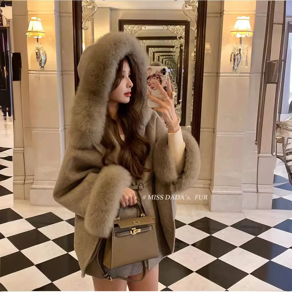 2024 Wealthy little girl autumn/winter new high-end hooded fox fur double-sided cashmere coat women's cape woolen coat