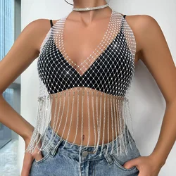 Sexy Rhinestone Crop Top Summer Beach vacation Party Club Mesh High Elastic V-neck See Through Diamond Chain Tassels Tank Top