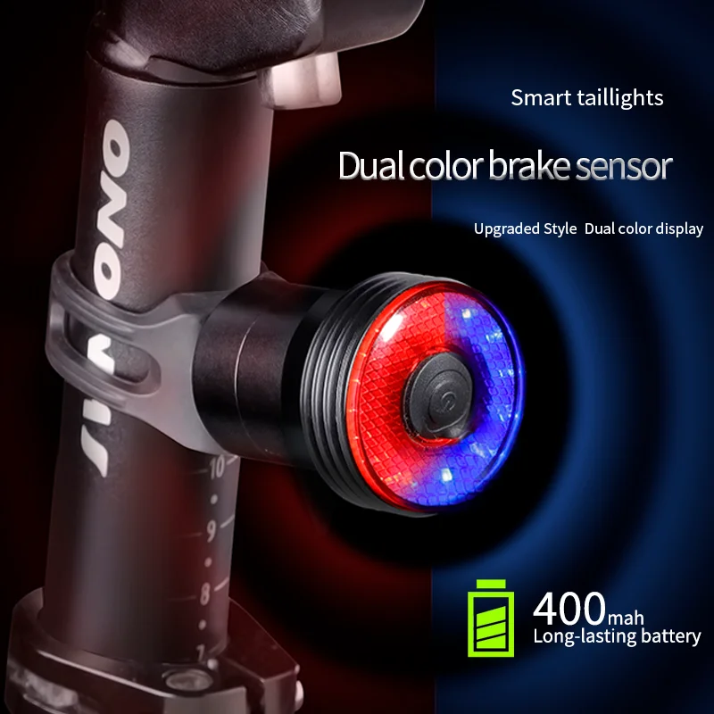 Smart Bike Brake Light Red Blue 2 Color Warning Night Riding 8 Shining Mode Alarm Safety Bicycle Accessories