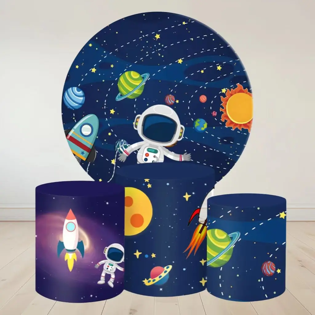 

Space Astronaut Round Backdrop 3 Cylinder Plinth Cover 4 Piece Background Photography Baby Shower Birthday Party Dessert Table