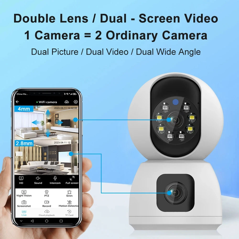 Cámara IP de doble lente 4K, videocámara de seguridad CCTV inalámbrica con Wifi, detección humana AI, visión nocturna a todo Color, vídeo para interiores, Smart Home